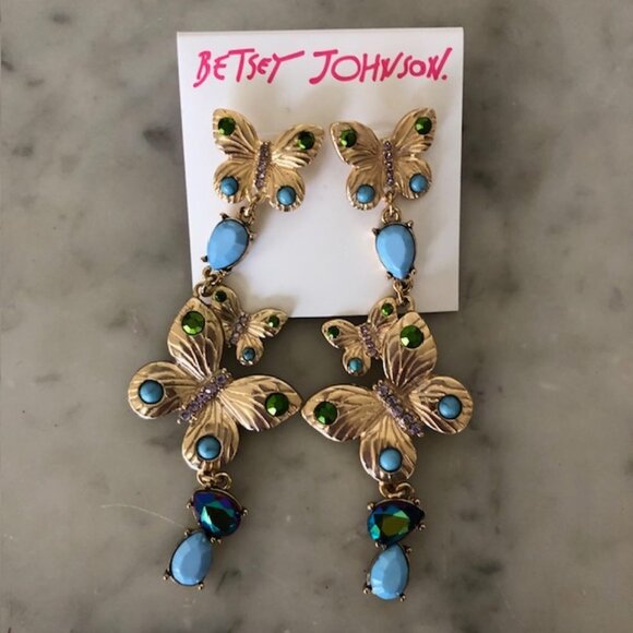 BETSEY JOHNSON Butterfly Rhinestone Gold Tone Blue Green Dangle Post Ear… - Picture 4 of 14